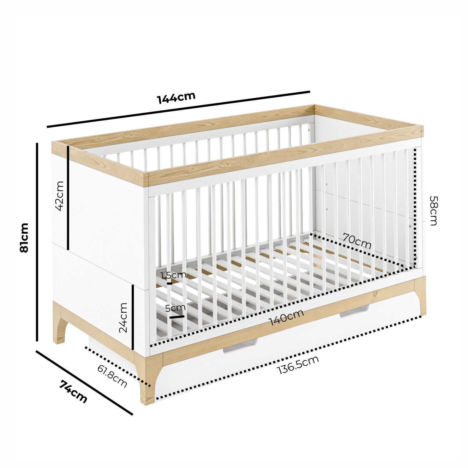 White and Wood Convertible Cot Bed with Drawer Storage - Rue - Furniture123