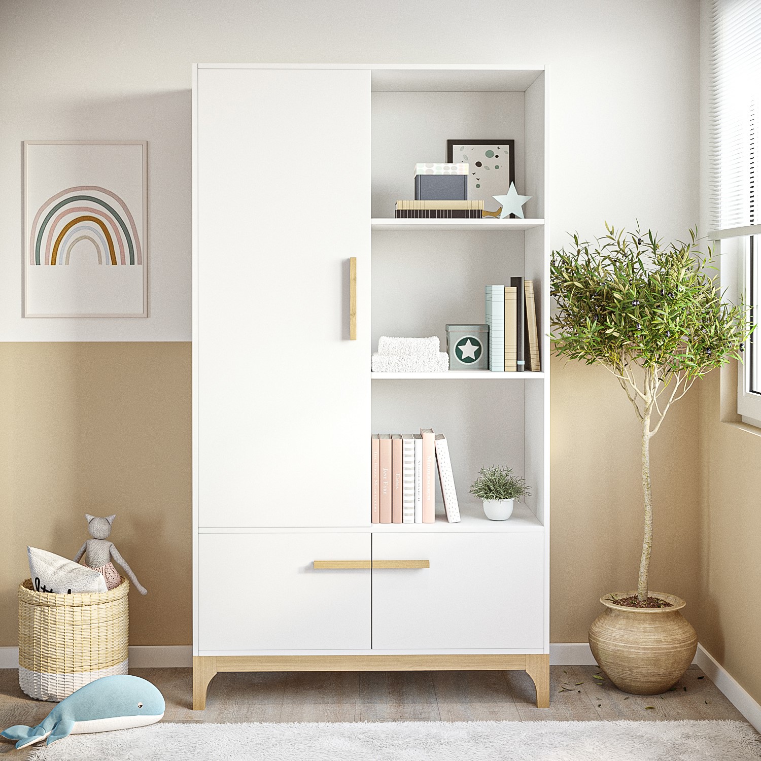 Photo of Nursery wardrobe with shelves in white and wood - rue