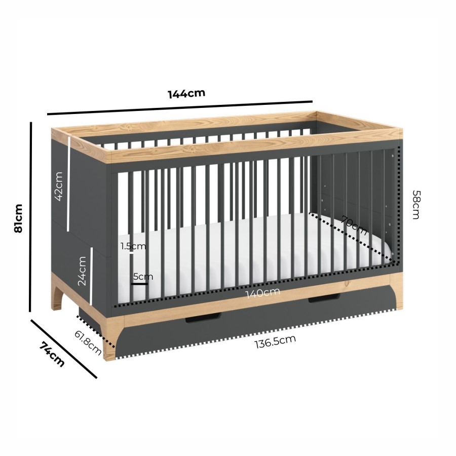 Grey and Wood Convertible Cot Bed with Drawer Storage - Rue