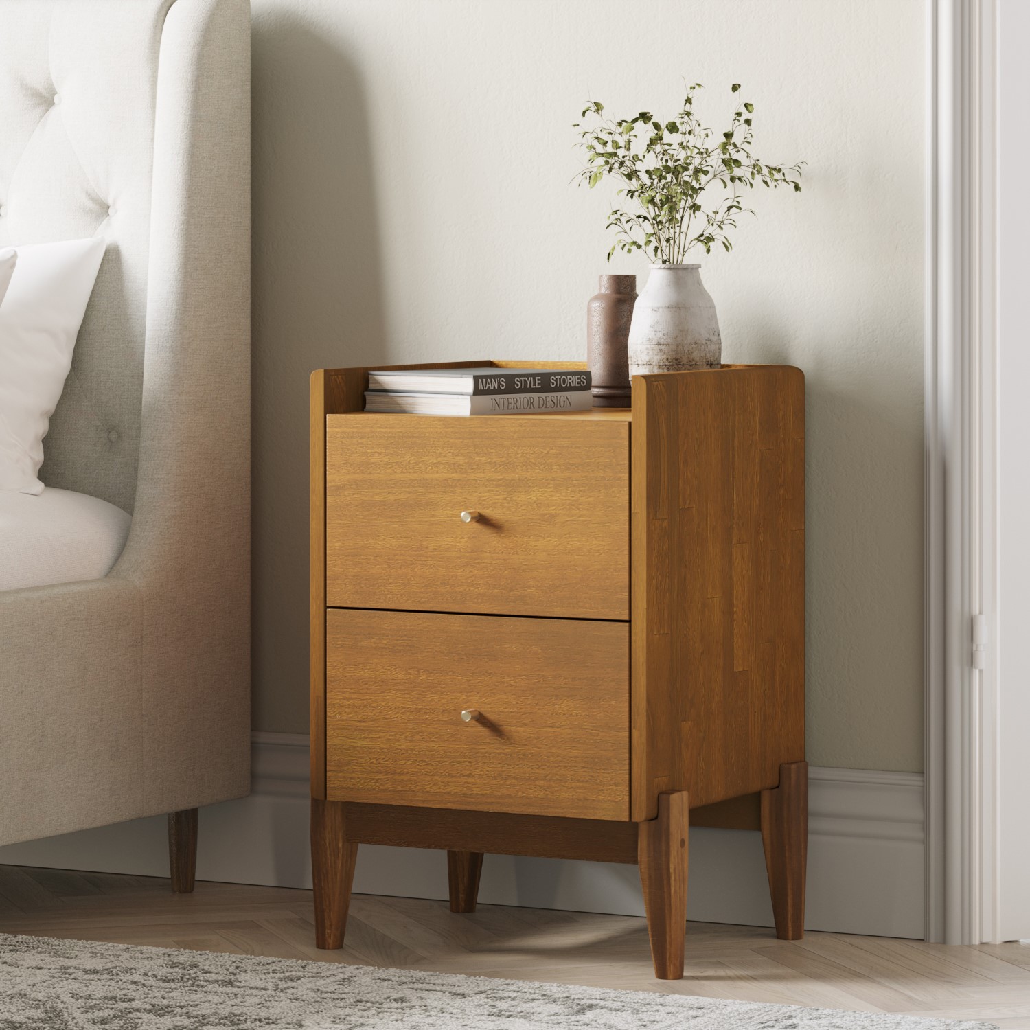 Photo of Wooden mid-century 2-drawer bedside table - rumi