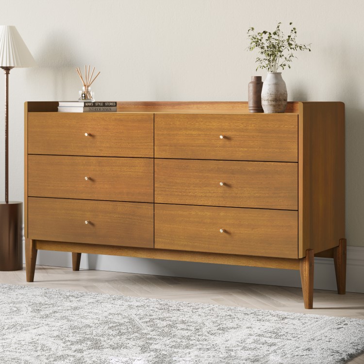 Wide Wooden Mid-Century Chest of 6 Drawers - Rumi