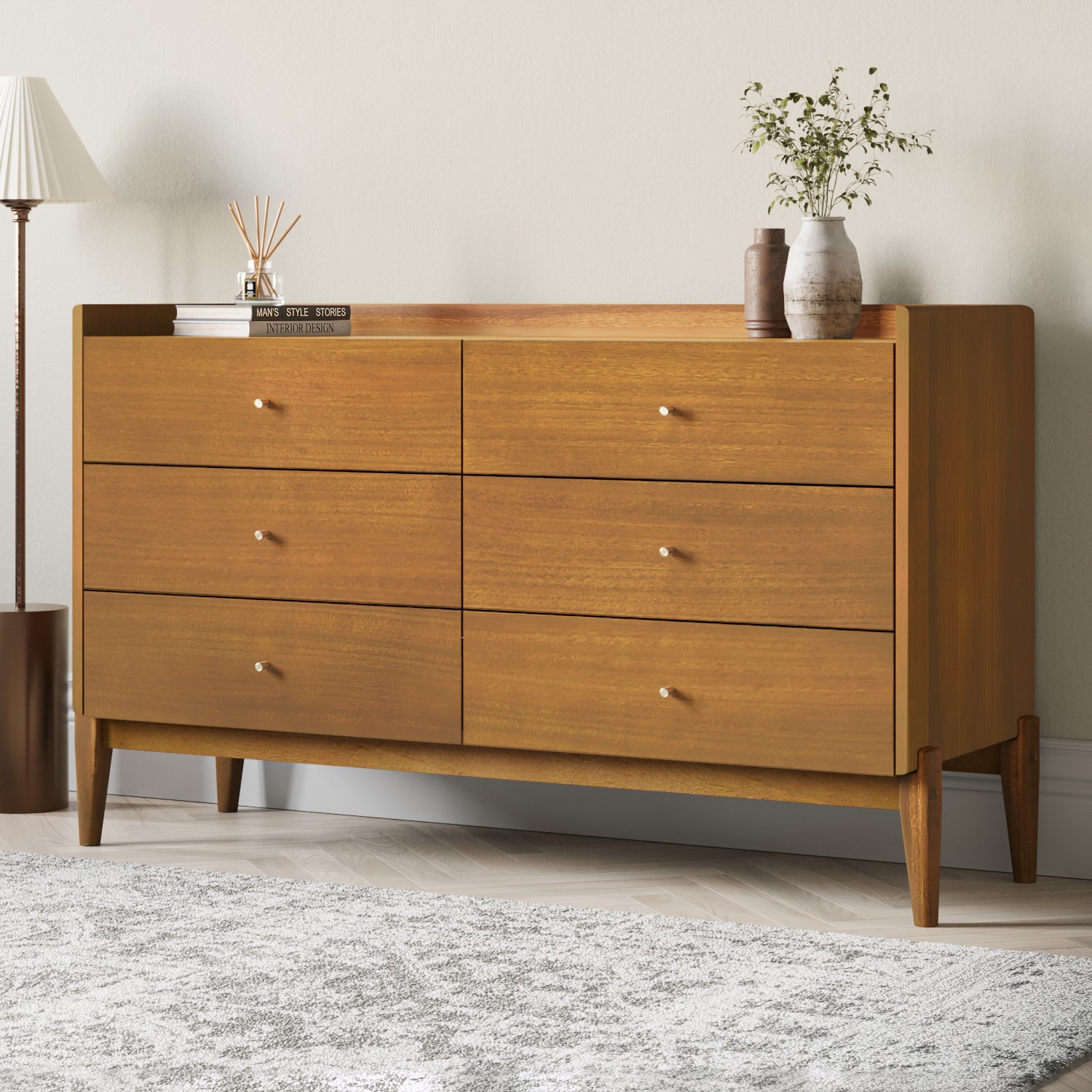Photo of Wide wooden mid-century chest of 6 drawers - rumi