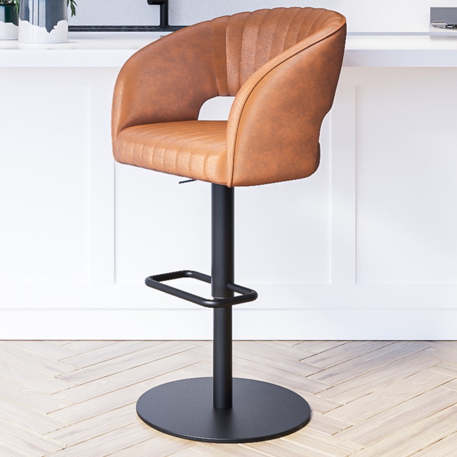 ALMOST PERFECT - Curved Tan Faux Leather Adjustable Swivel Bar Stool with Back - Runa