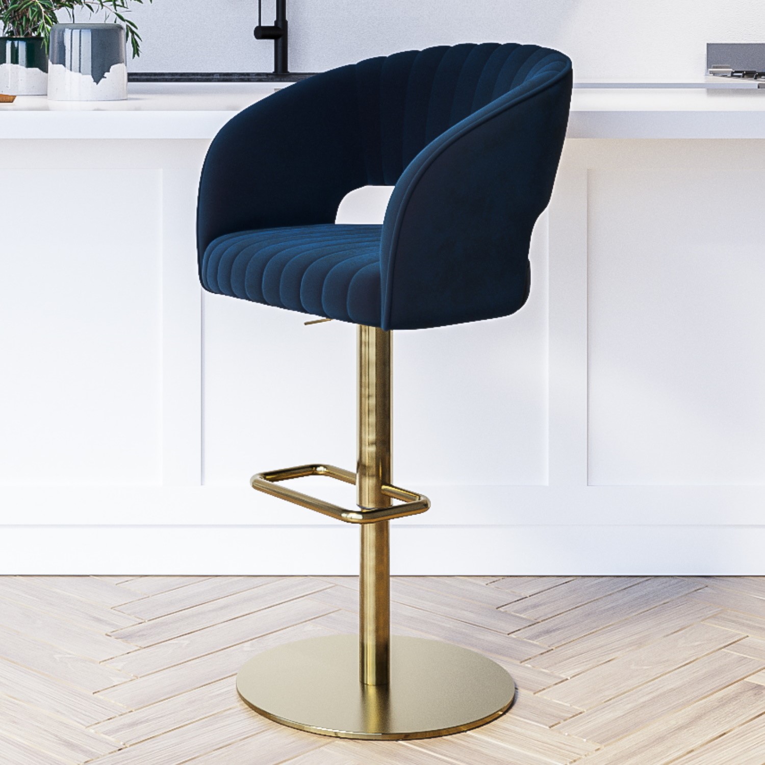 Photo of Navy blue velvet adjustable swivel bar stool with curved back - runa