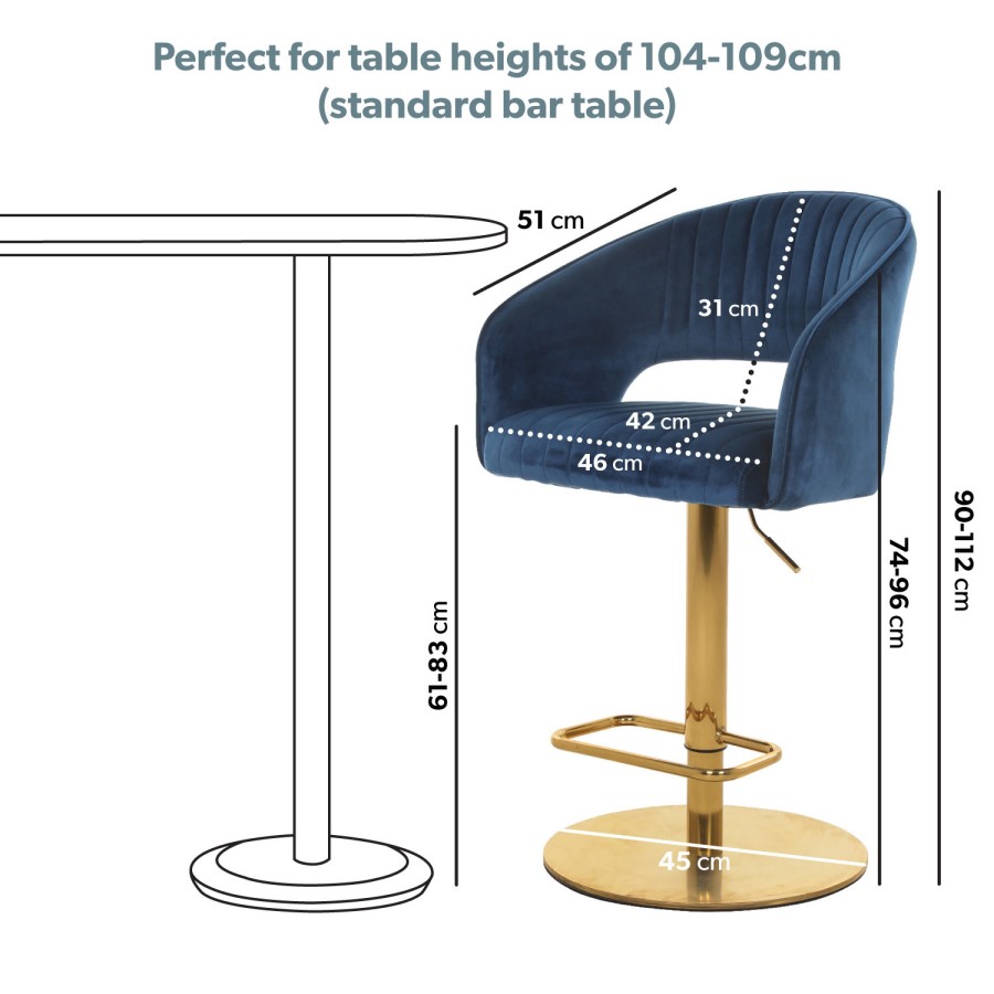 GRADE A2 - Navy Blue Velvet Adjustable Bar Stool with Curved Back - Runa