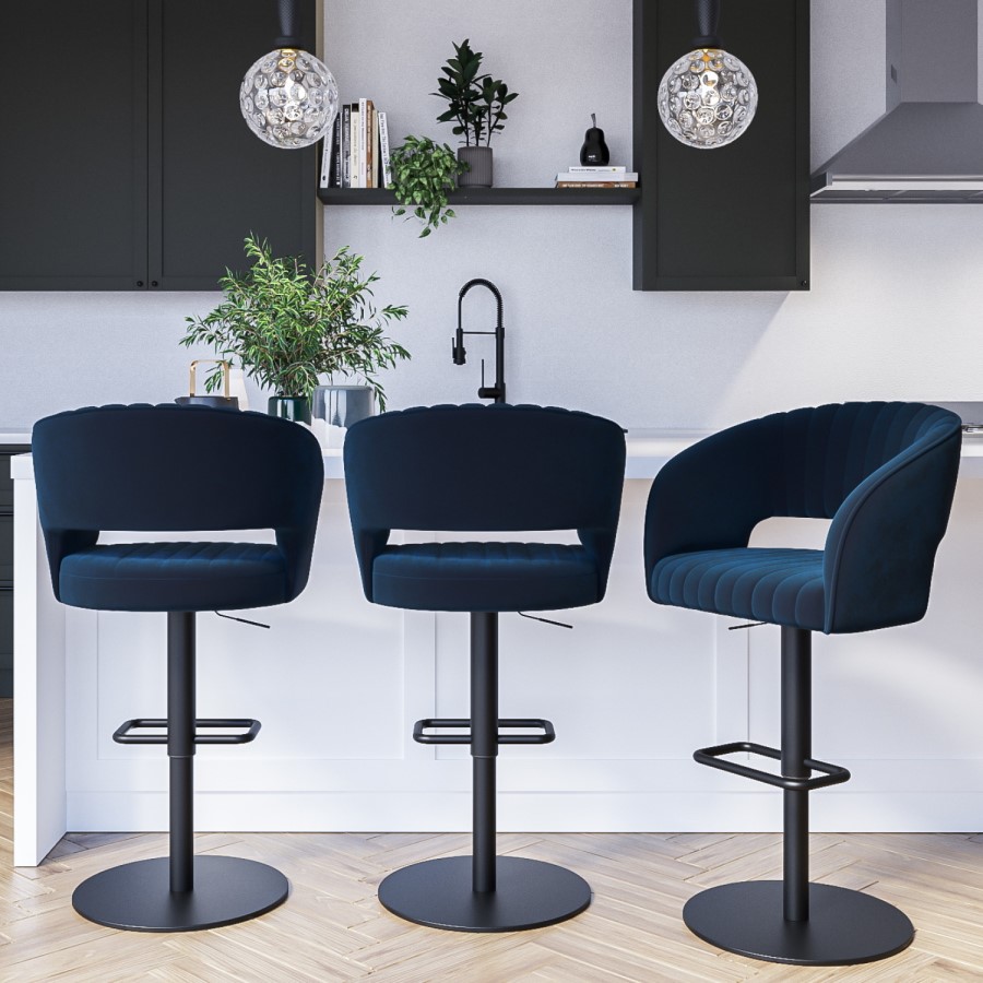 Blue Velvet Adjustable Swivel Bar Stool with Back - Runa