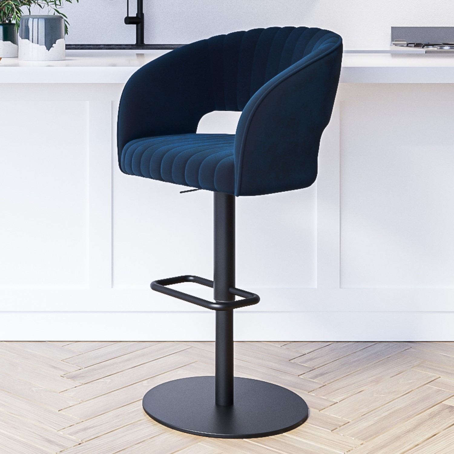 Photo of Navy blue velvet adjustable swivel bar stool with back - runa