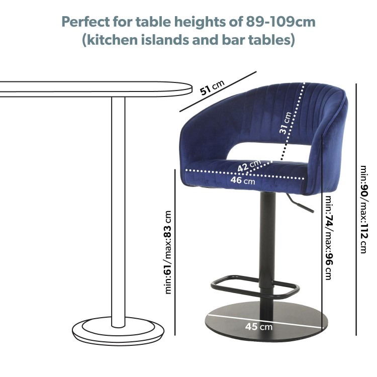 ONLY OPENED - Navy Velvet Adjustable Bar Stool with Back - Runa