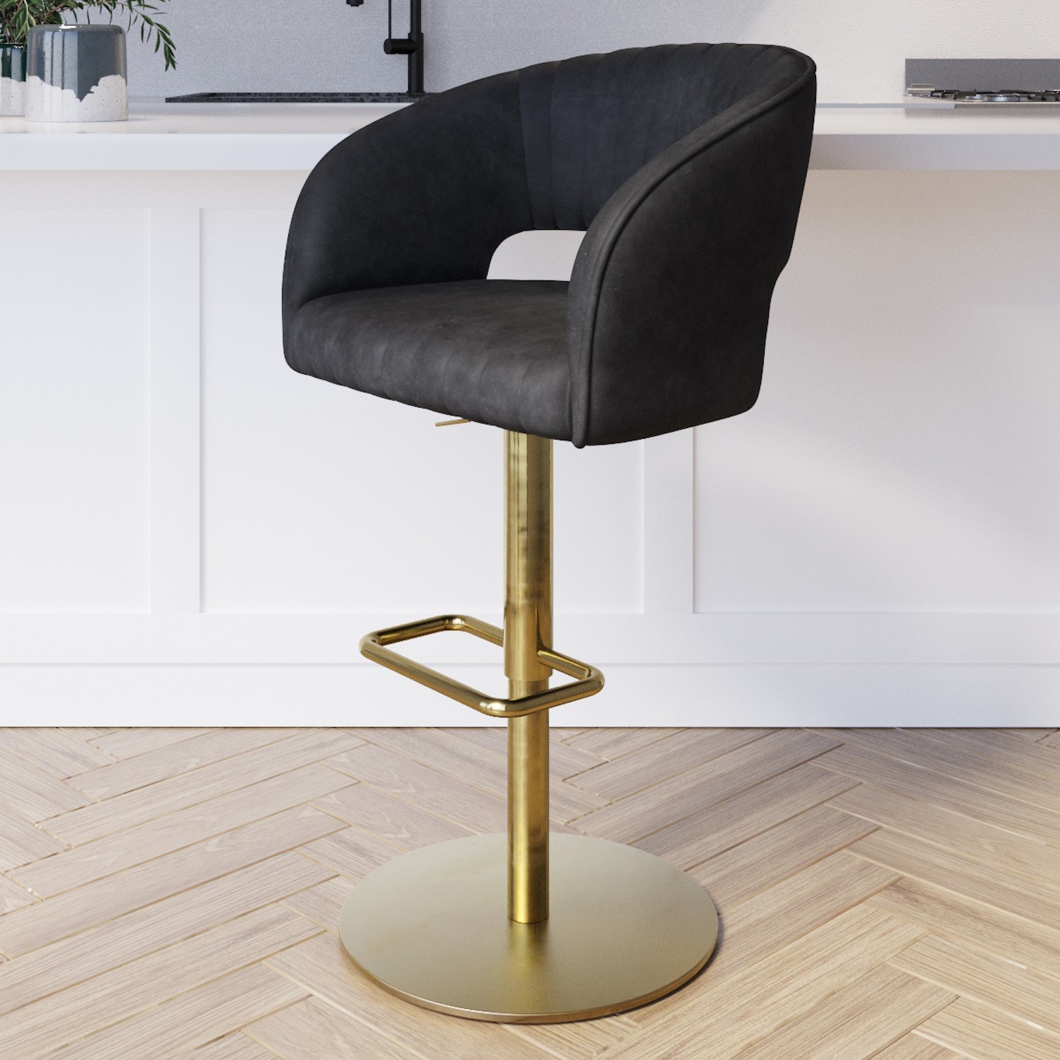 Photo of Curved black faux leather adjustable swivel bar stool with brass base - runa