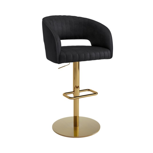 Curved Black Faux Leather Adjustable Swivel Bar Stool with Brass Base - Runa