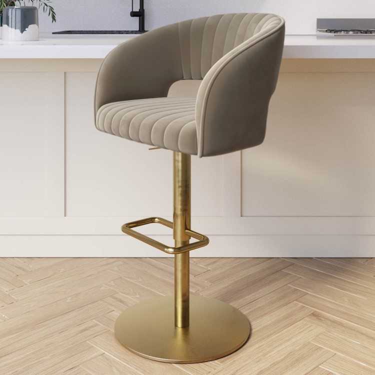 Curved Mink Matt Velvet Adjustable Swivel Bar Stool with Gold Base - Runa