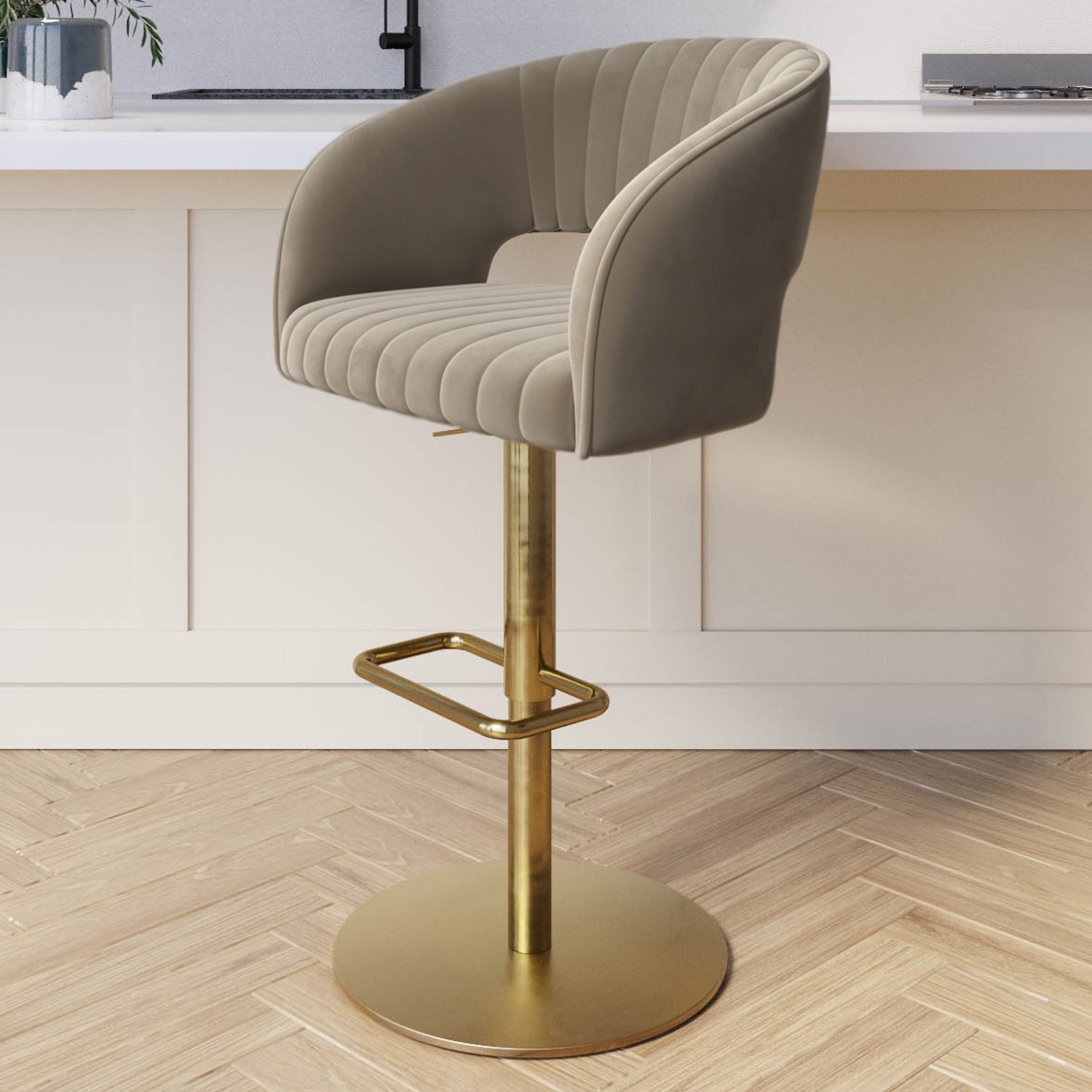 Photo of Curved mink matt velvet adjustable swivel bar stool with gold base - runa