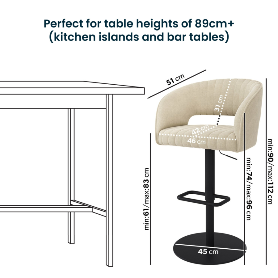 ALMOST PERFECT - Curved Beige Fabric Adjustable Swivel Bar Stool with Black Base - Runa