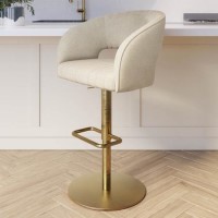 Curved Beige Upholstered Adjustable Swivel Bar Stool with Gold Base - Runa Curved Beige Upholstered Adjustable Swivel Bar Stool with Gold Base - Runa