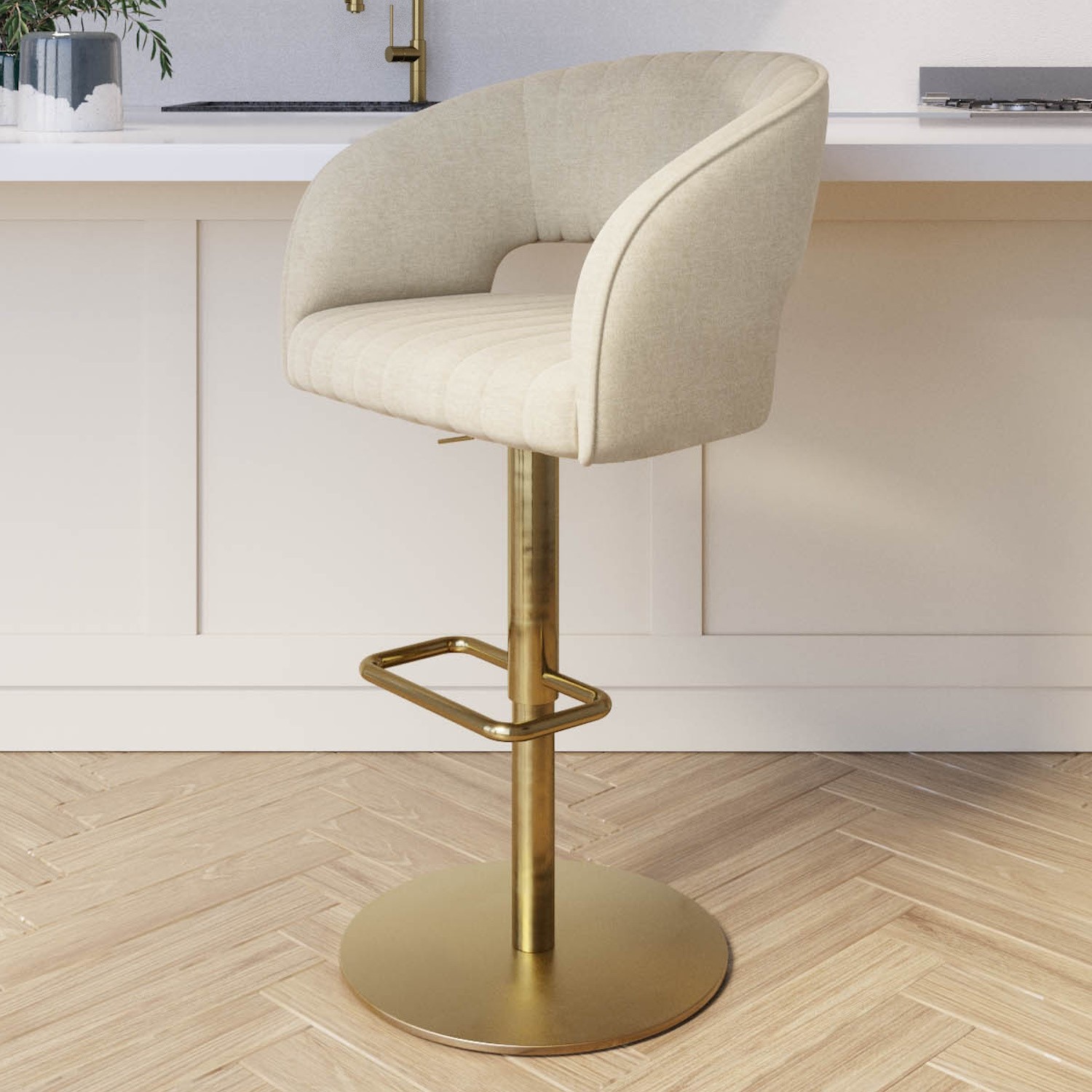 Curved Beige Fabric Adjustable Swivel Bar Stool with Gold Base