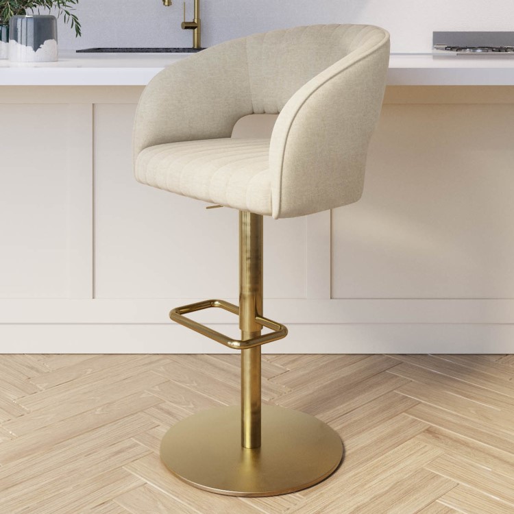 Curved Beige Upholstered Adjustable Swivel Bar Stool with Gold Base - Runa