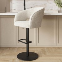 Curved Beige Boucle Adjustable Swivel Barstool with Black Metal Base - Runa