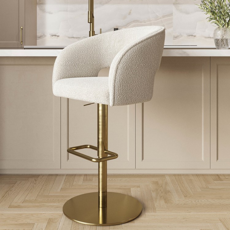 ONLY OPENED - Curved Beige Boucle Adjustable Swivel Barstool with Gold Base - Runa