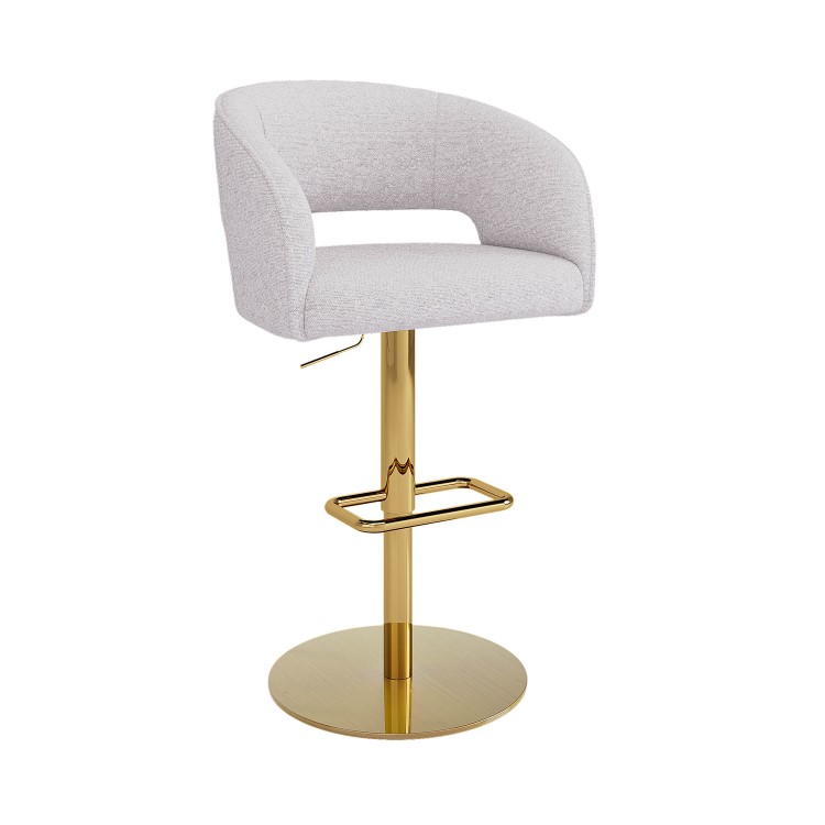 ONLY OPENED - Curved Beige Boucle Adjustable Swivel Barstool with Gold Base - Runa