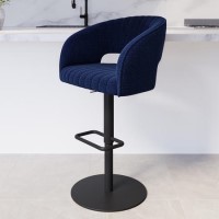 Curved Navy Blue Fabric Adjustable Swivel Barstool with Black Base - Runa