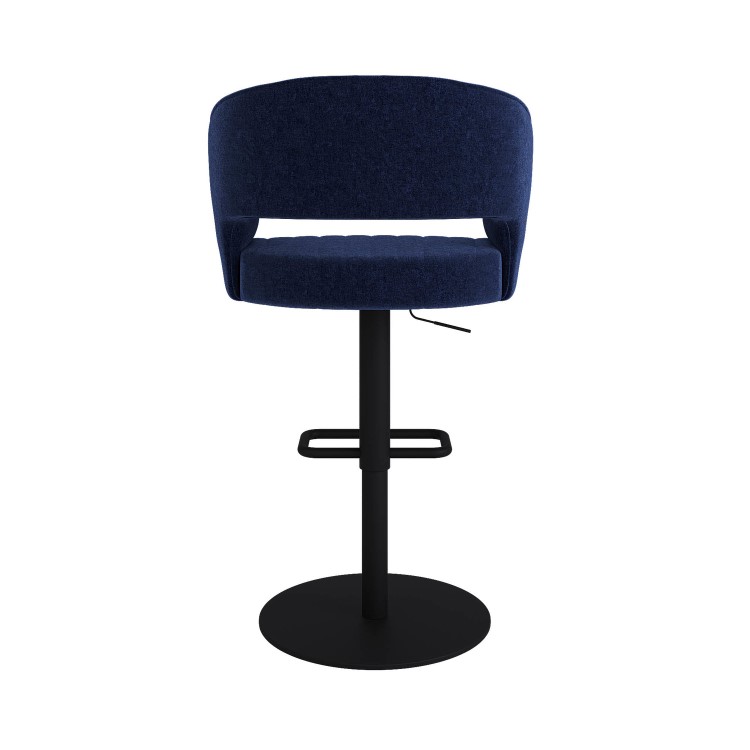 Curved Navy Blue Upholstered Adjustable Swivel Bar Stool with Black Base - Runa