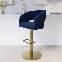 ALMOST PERFECT - Runa Curved Navy Blue Fabric Adjustable Swivel Barstool with Gold Base ALMOST PERFECT - Runa Curved Navy Blue Fabric Adjustable Swivel Barstool with Gold Base