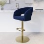 ALMOST PERFECT - Runa Curved Navy Blue Fabric Adjustable Swivel Barstool with Gold Base