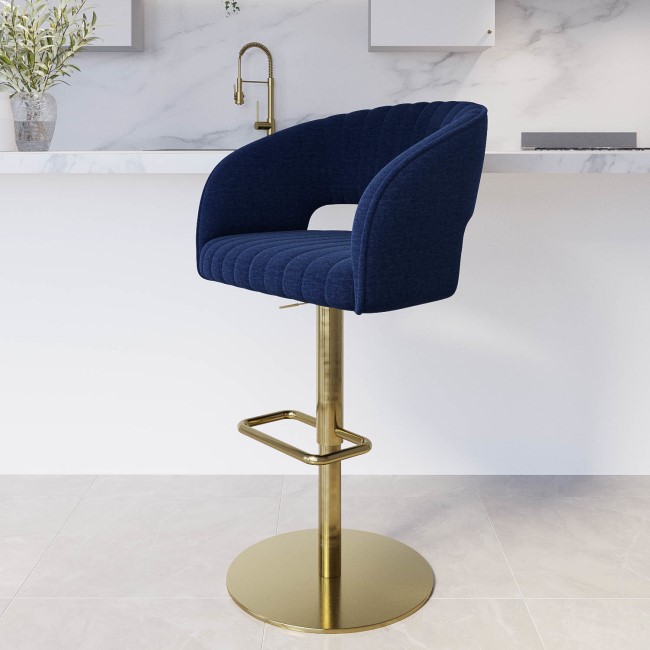 Runa Curved Navy Blue Fabric Adjustable Swivel Barstool with Gold Base