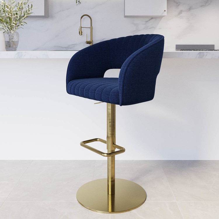 Curved Navy Blue Upholstered Adjustable Swivel Bar Stool with Gold Base - Runa