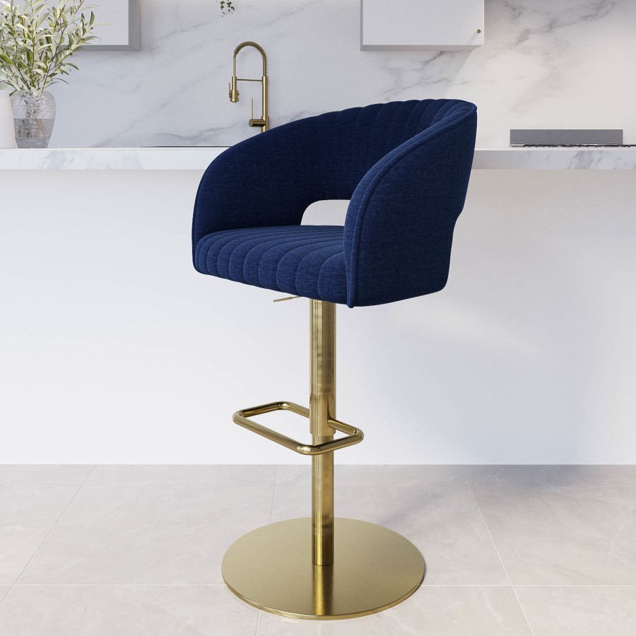 ALMOST PERFECT - Runa Curved Navy Blue Fabric Adjustable Swivel Barstool with Gold Base