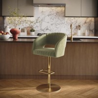 Curved Sage Green Velvet Adjustable Swivel Bar Stool with Gold Metal Base - Runa