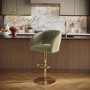 Curved Sage Green Velvet Adjustable Swivel Bar Stool with Gold Metal Base - Runa