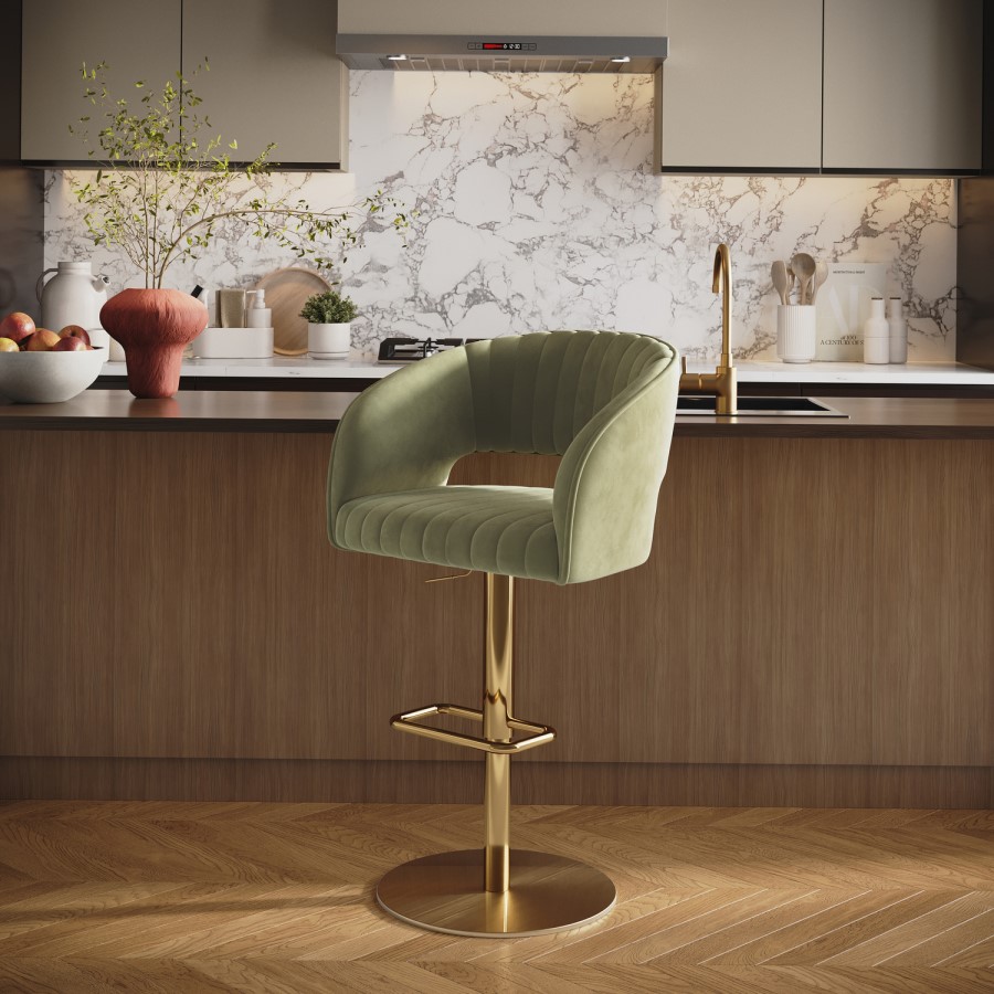 Curved Sage Green Velvet Adjustable Swivel Bar Stool with Gold Metal Base - Runa
