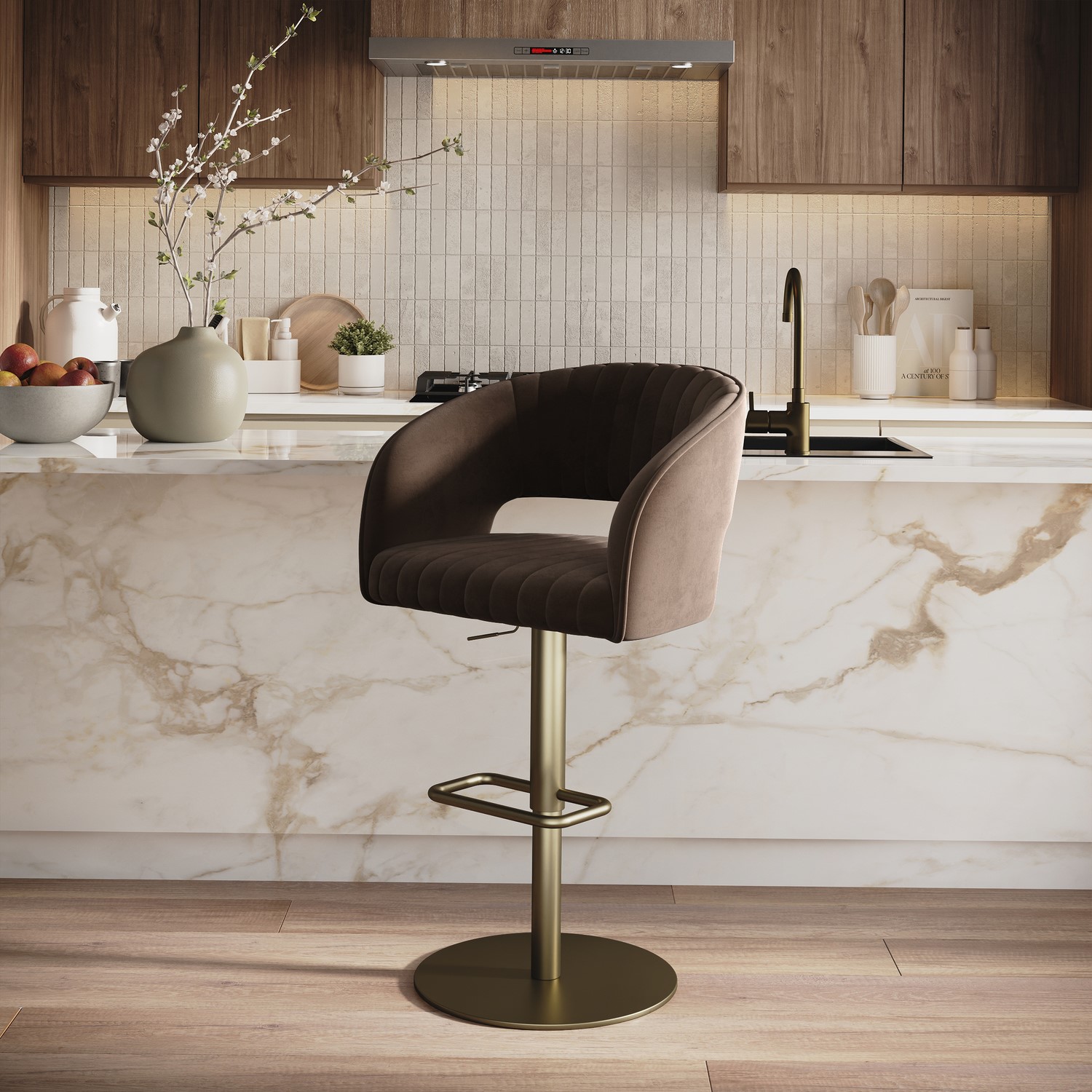 Runa Brown Curved Velvet Adjustable Swivel Bar Stool With Brass Base