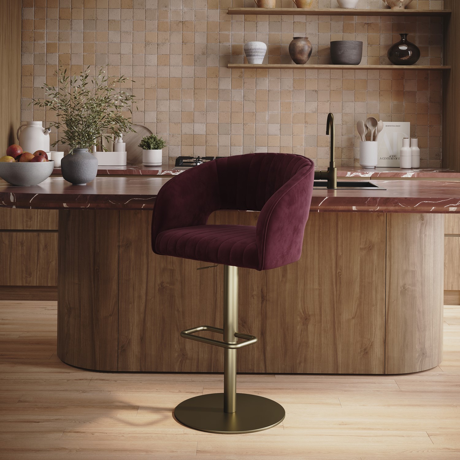 Runa Burgundy Curved Velvet Adjustable Swivel Bar Stool With Brass Base
