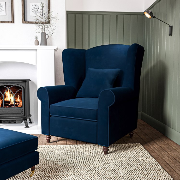 GRADE A2 - Navy Blue Velvet Wingback Armchair - Rupert 