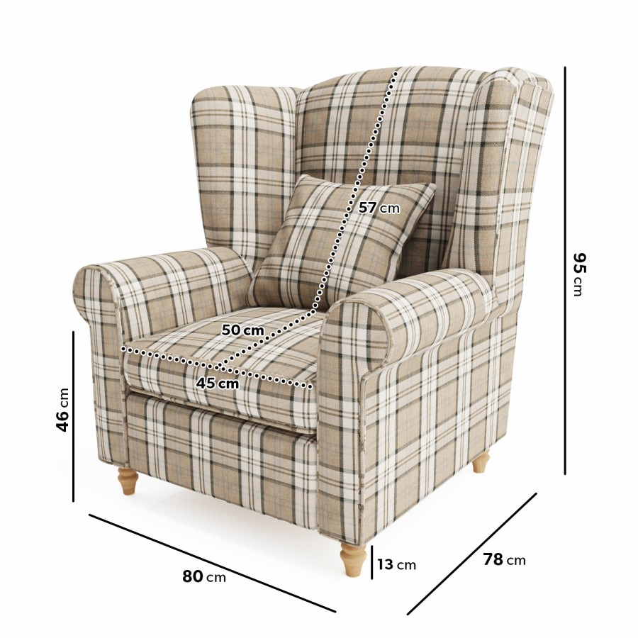 GRADE A1 - Wingback Armchair in Beige Tartan Fabric - Rupert