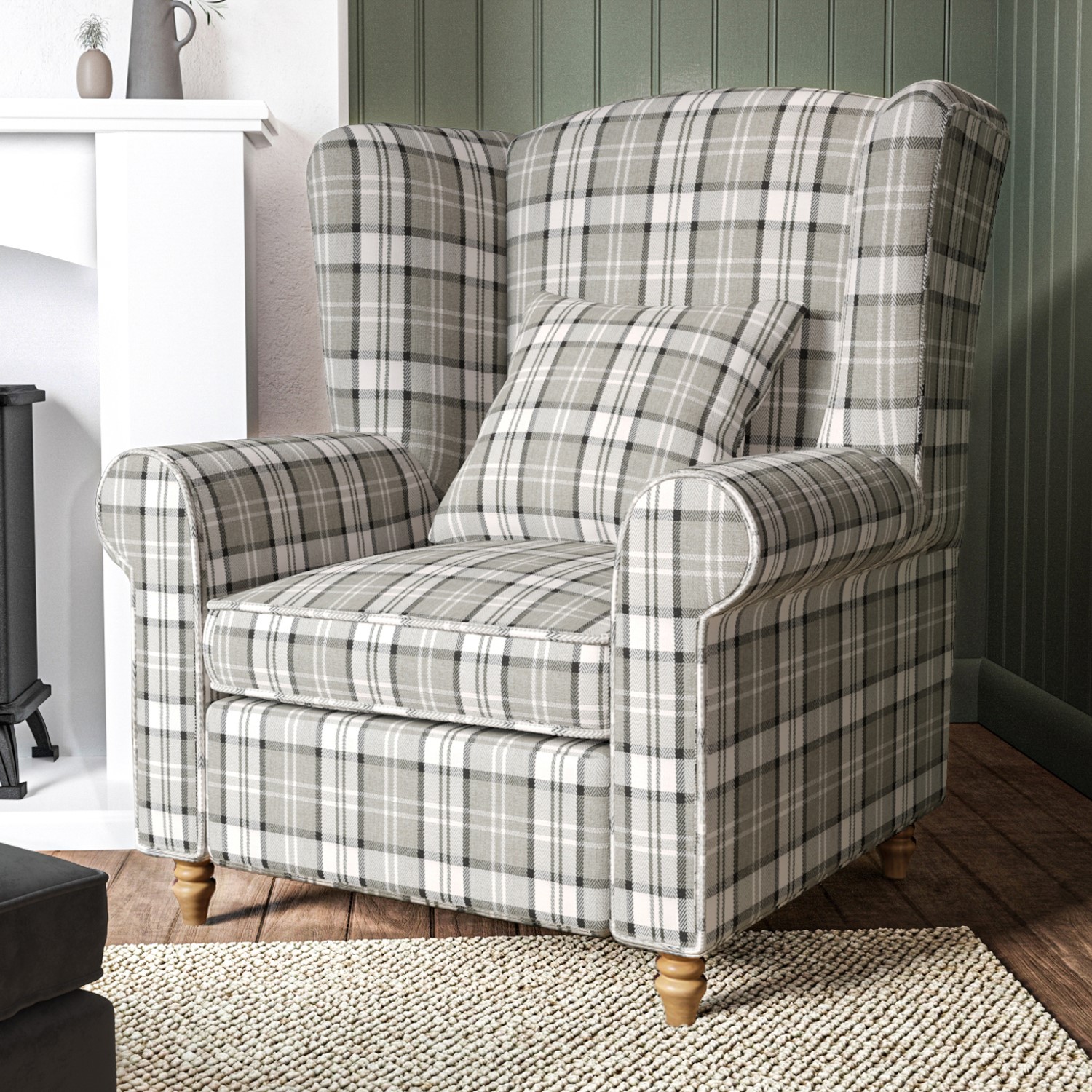 Photo of Grey tartan fabric high back armchair - rupert