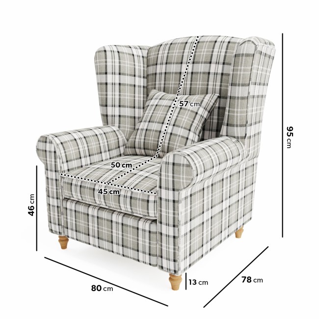 ALMOST PERFECT - Grey Tartan Fabric Wingback Armchair - Rupert