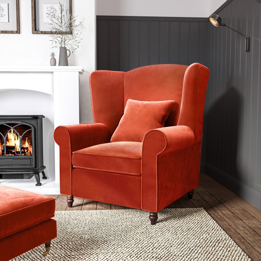 GRADE A1 - Burnt Orange Velvet Wingback Chair - Rupert
