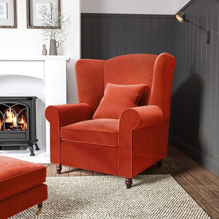 GRADE A2 - Burnt Orange Velvet Wingback Armchair - Rupert