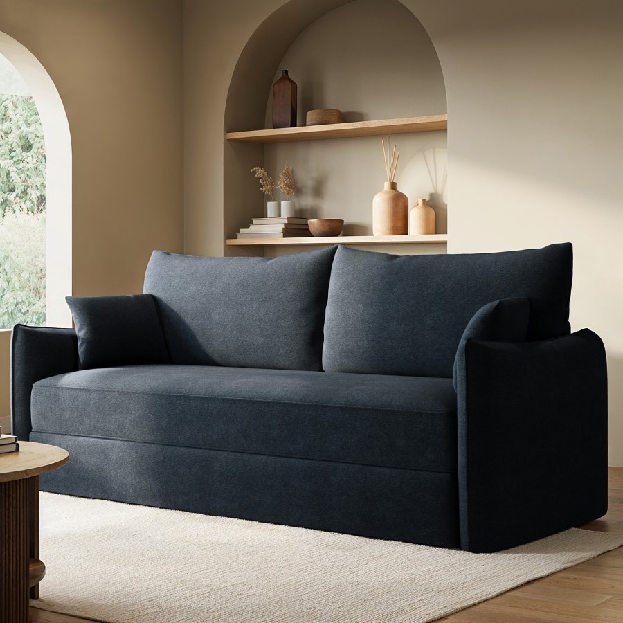 Navy Blue Chenille Fabric 3-Seater Pull Out Sofa Bed - River