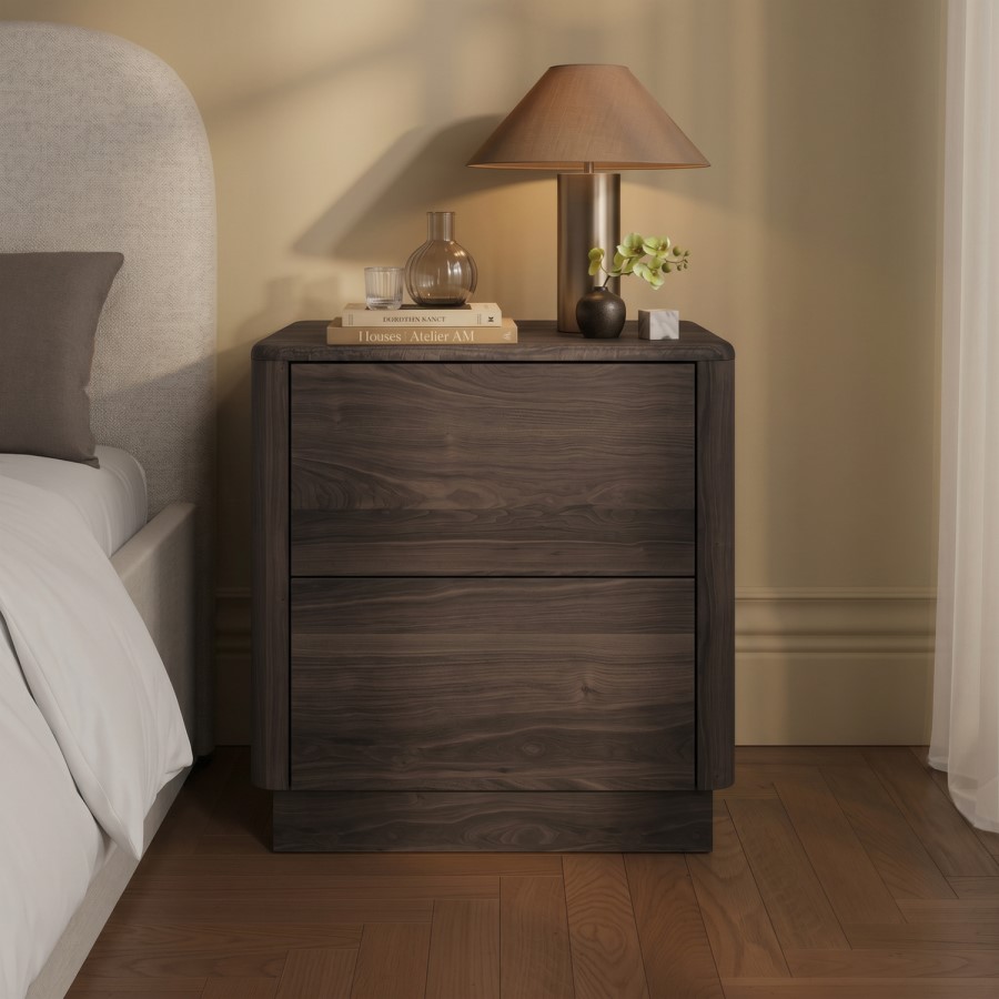 Modern Walnut 2 Drawer Bedside Table - Rowan