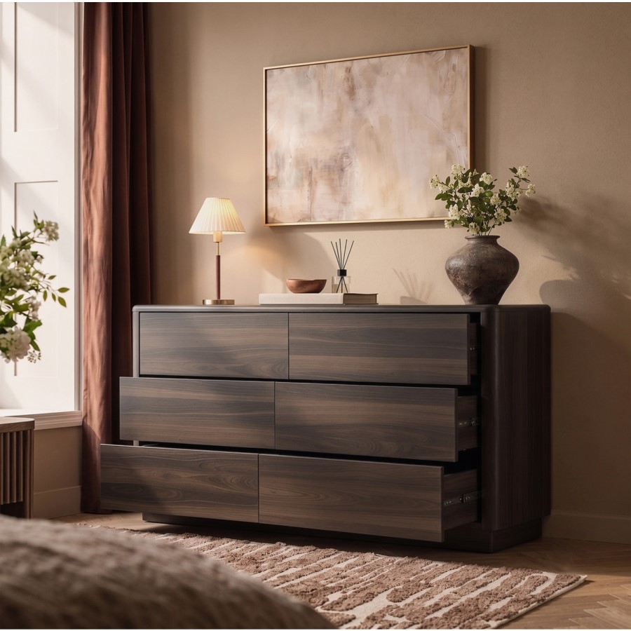 Modern Walnut 6 Drawer Chest of Drawers - Rowan