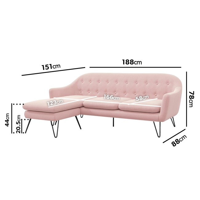 Pink Fabric Reversible L Shaped Sofa - Seats 3 - Rylee