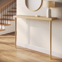 ALMOST PERFECT - Small & Narrow Weathered Oak Console Table with Brass Tips - Rayne