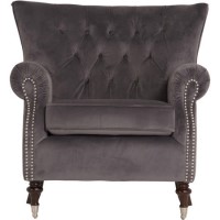 Rigby Armchair in Grey Velvet with Button Back & Silver Studded Detail