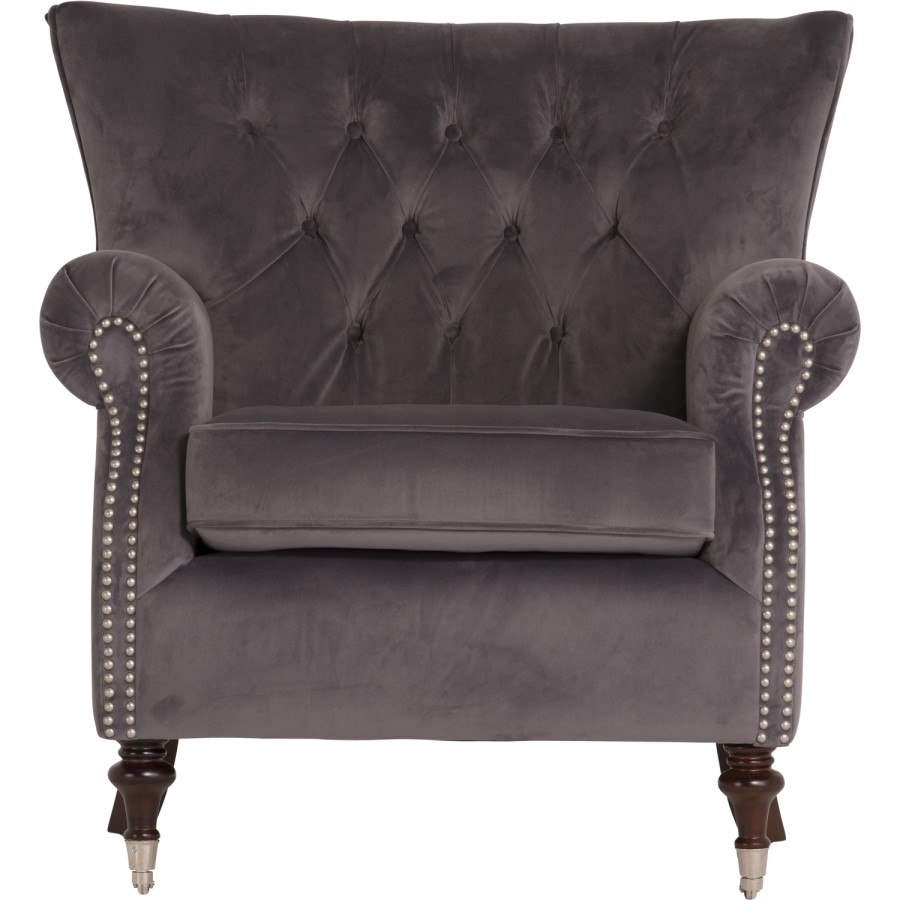Rigby Armchair in Grey Velvet with Button Back & Silver Studded Detail