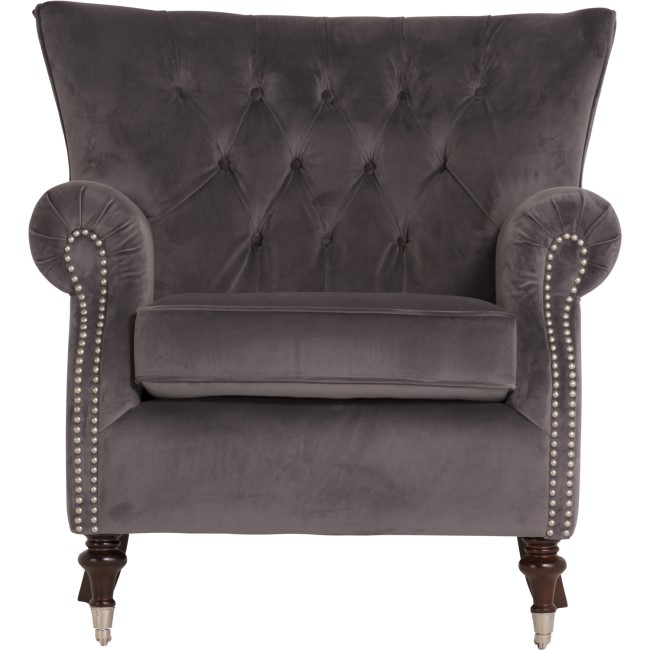 Rigby Armchair in Grey Velvet with Button Back & Silver Studded Detail