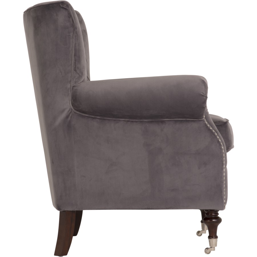 Rigby Armchair in Grey Velvet with Button Back & Silver Studded Detail